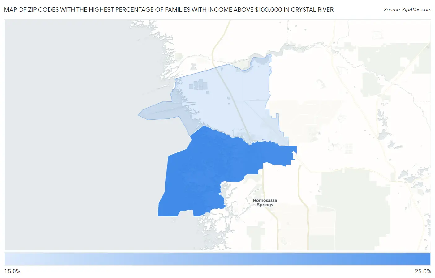 Zip Codes with the Highest Percentage of Families with Income Above $100,000 in Crystal River Map