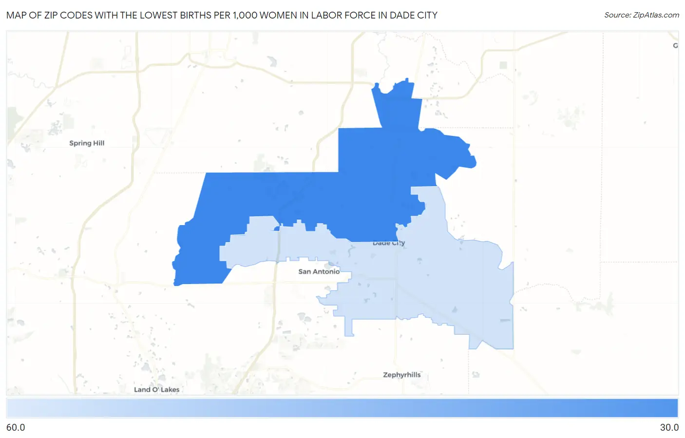 Zip Codes with the Lowest Births per 1,000 Women in Labor Force in Dade City Map