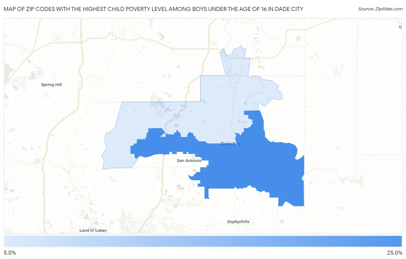 Zip Codes with the Highest Child Poverty Level Among Boys Under the Age of 16 in Dade City Map