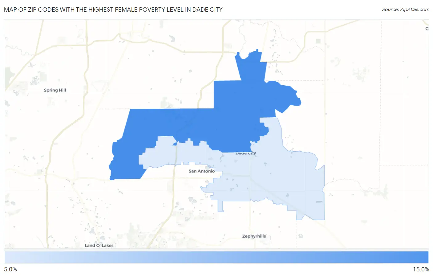 Zip Codes with the Highest Female Poverty Level in Dade City Map