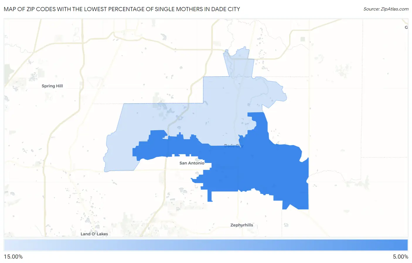 Zip Codes with the Lowest Percentage of Single Mothers in Dade City Map