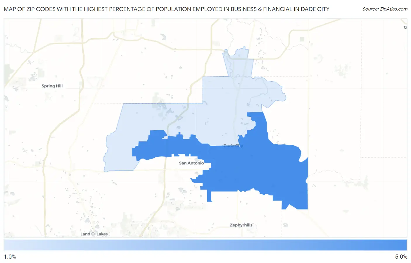 Zip Codes with the Highest Percentage of Population Employed in Business & Financial in Dade City Map