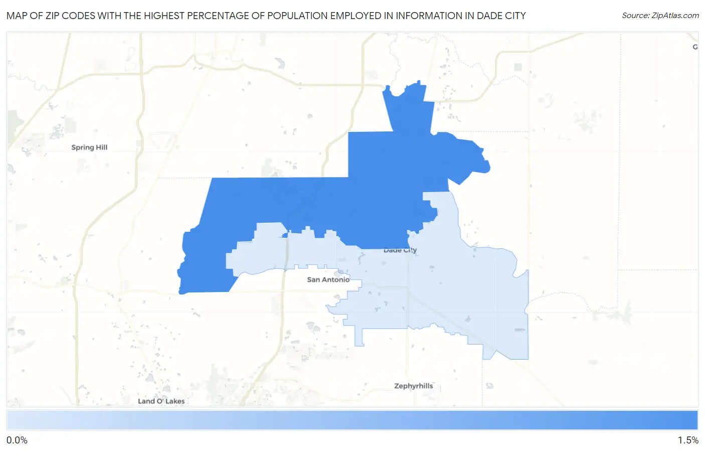 Zip Codes with the Highest Percentage of Population Employed in Information in Dade City Map
