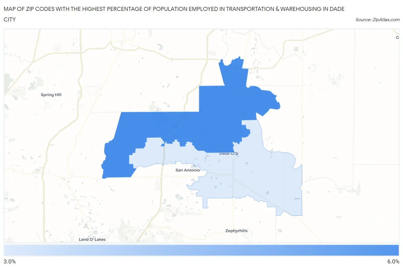 Zip Codes with the Highest Percentage of Population Employed in Transportation & Warehousing in Dade City Map