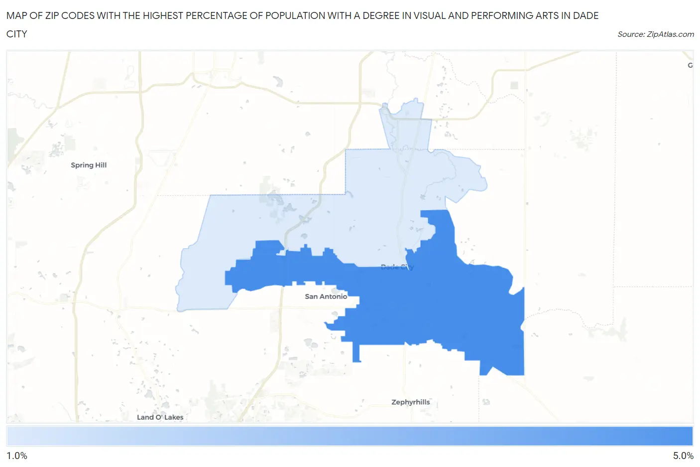 Zip Codes with the Highest Percentage of Population with a Degree in Visual and Performing Arts in Dade City Map