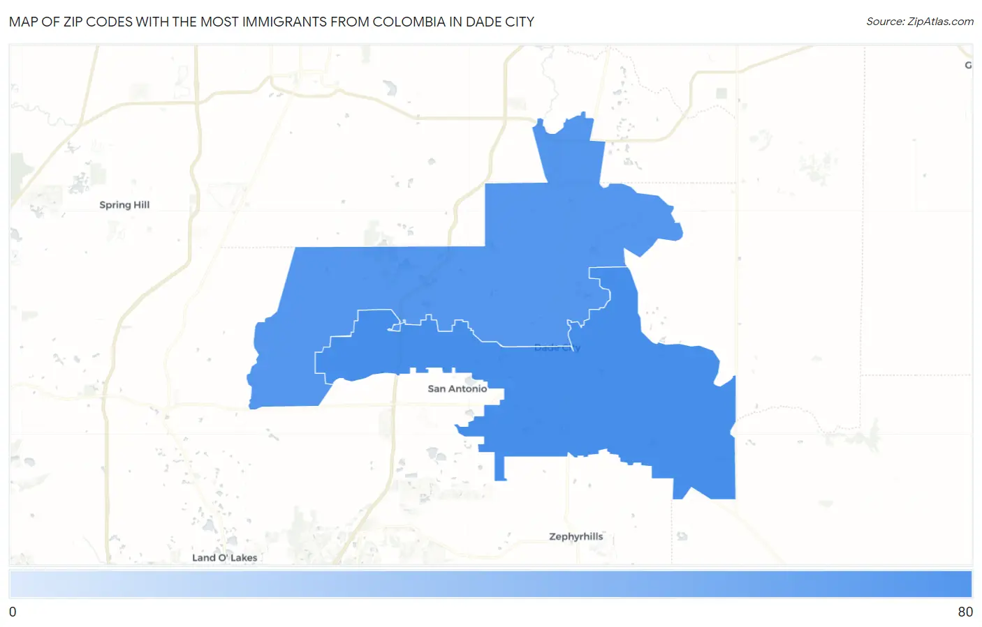 Zip Codes with the Most Immigrants from Colombia in Dade City Map