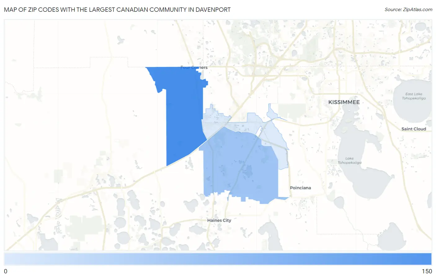 Zip Codes with the Largest Canadian Community in Davenport Map