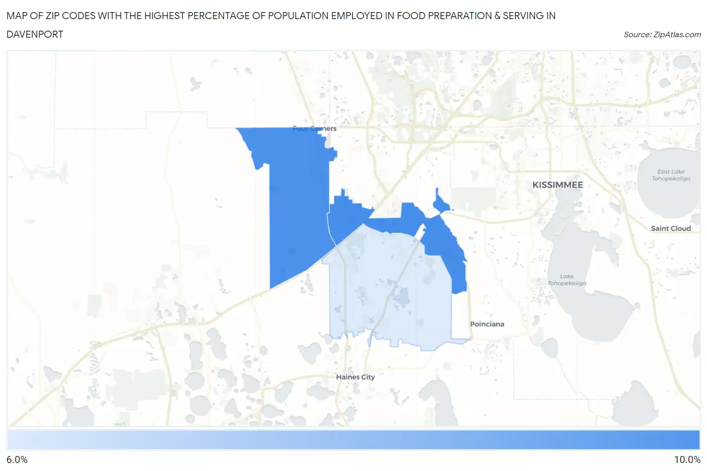 Zip Codes with the Highest Percentage of Population Employed in Food Preparation & Serving in Davenport Map