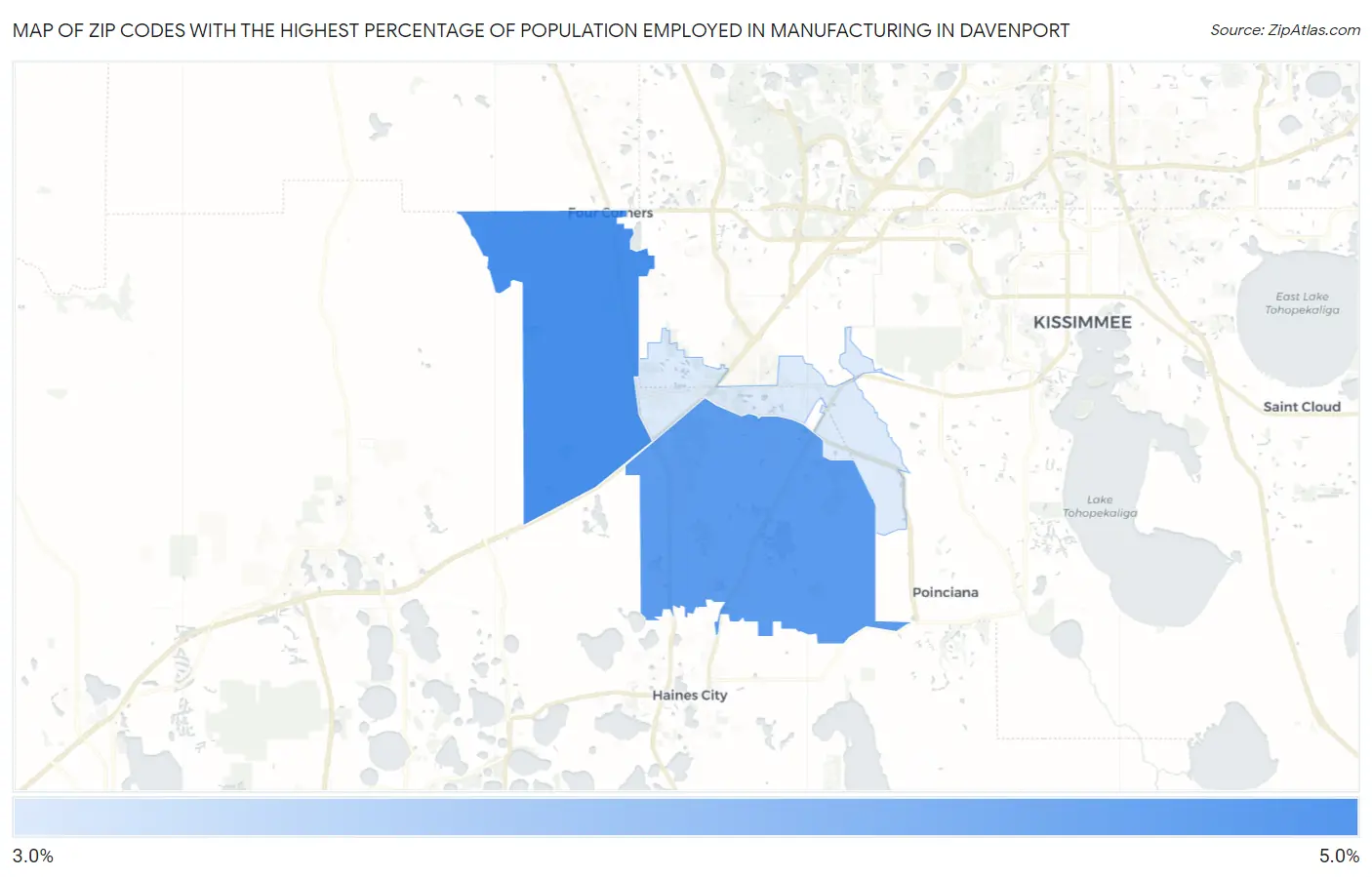 Zip Codes with the Highest Percentage of Population Employed in Manufacturing in Davenport Map