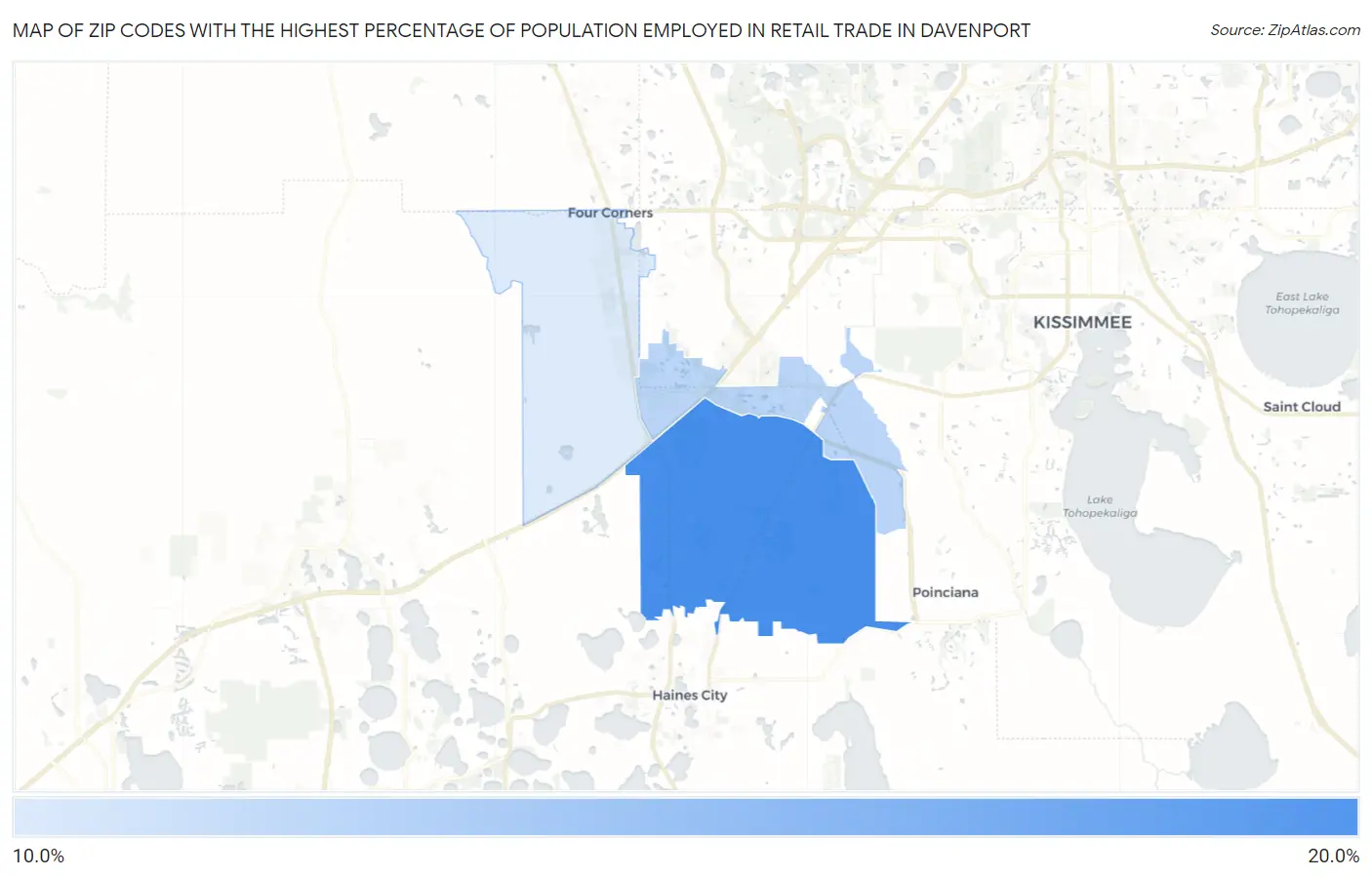 Zip Codes with the Highest Percentage of Population Employed in Retail Trade in Davenport Map