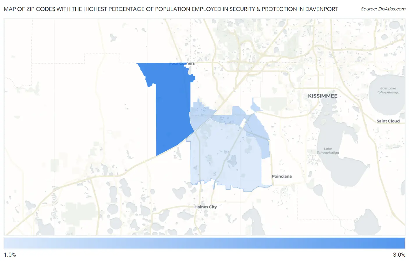 Zip Codes with the Highest Percentage of Population Employed in Security & Protection in Davenport Map