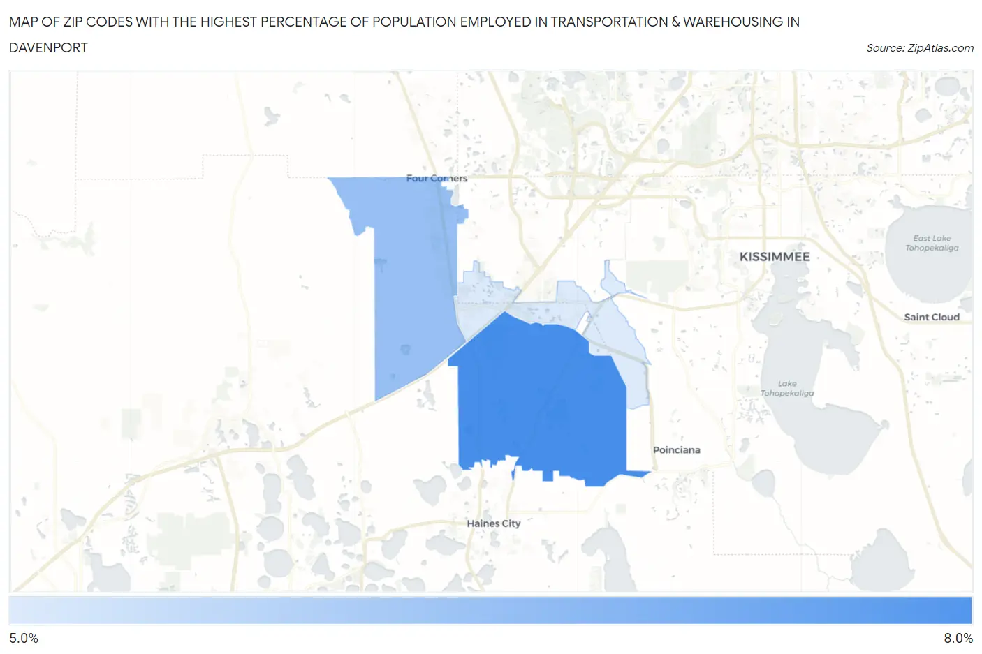 Zip Codes with the Highest Percentage of Population Employed in Transportation & Warehousing in Davenport Map