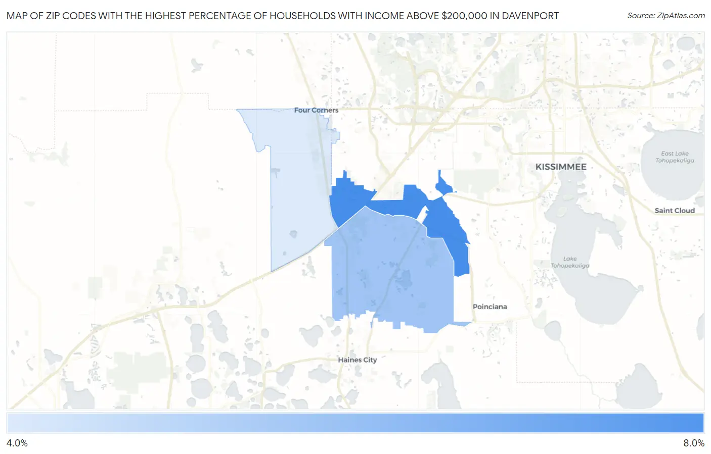 Zip Codes with the Highest Percentage of Households with Income Above $200,000 in Davenport Map
