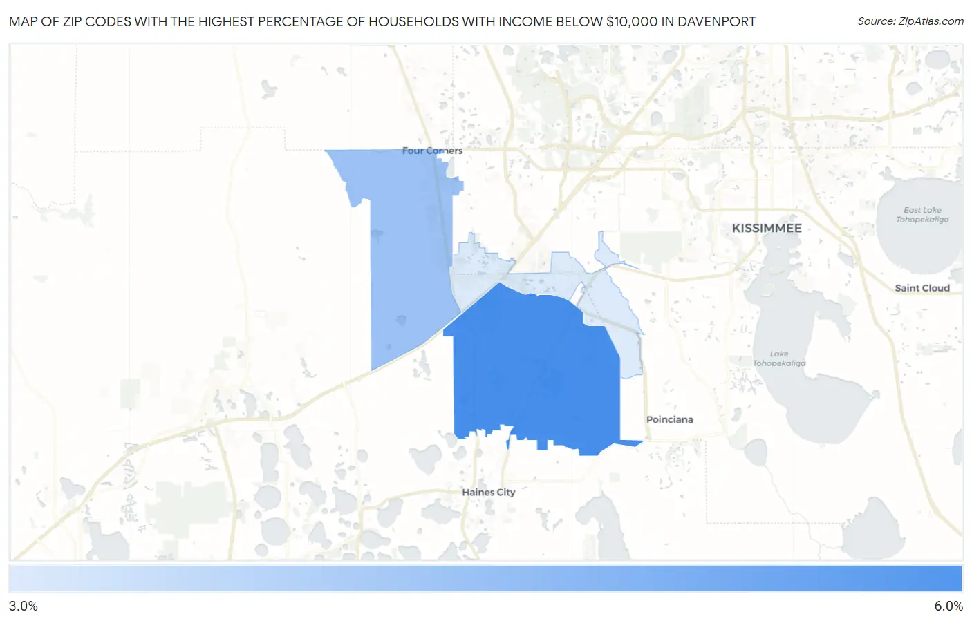 Zip Codes with the Highest Percentage of Households with Income Below $10,000 in Davenport Map