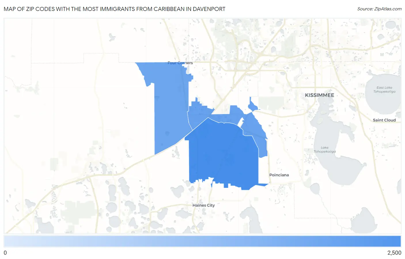 Zip Codes with the Most Immigrants from Caribbean in Davenport Map
