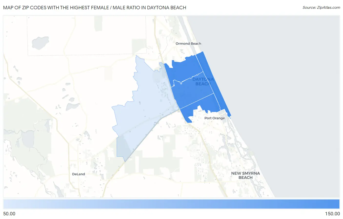 Zip Codes with the Highest Female / Male Ratio in Daytona Beach Map
