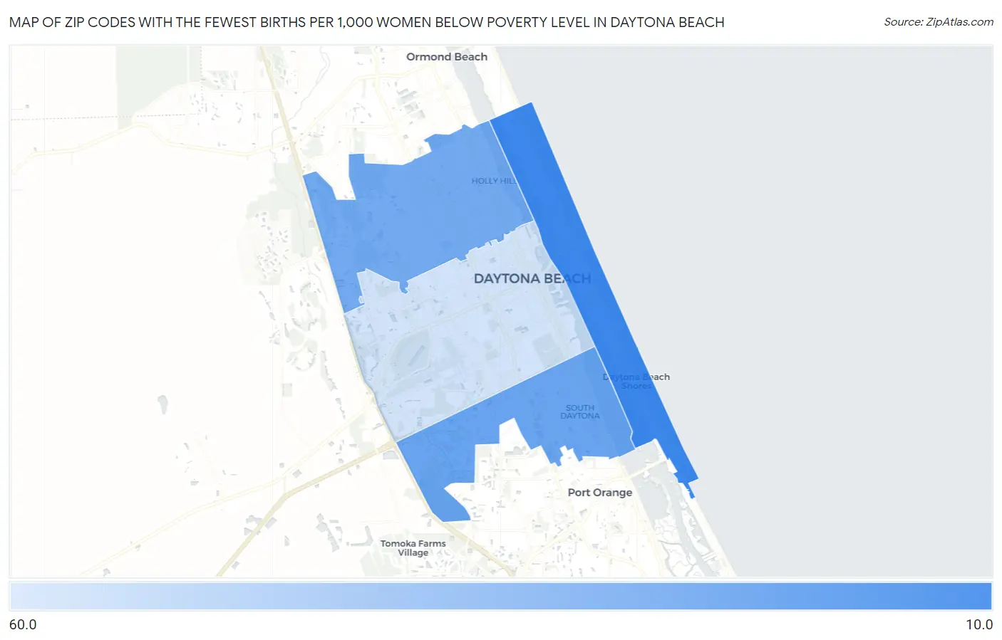 Zip Codes with the Fewest Births per 1,000 Women Below Poverty Level in Daytona Beach Map
