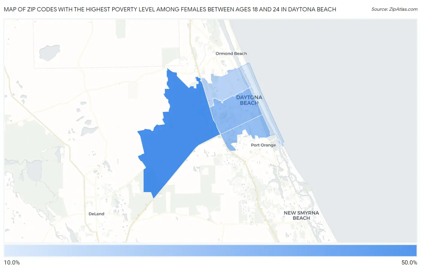 Zip Codes with the Highest Poverty Level Among Females Between Ages 18 and 24 in Daytona Beach Map