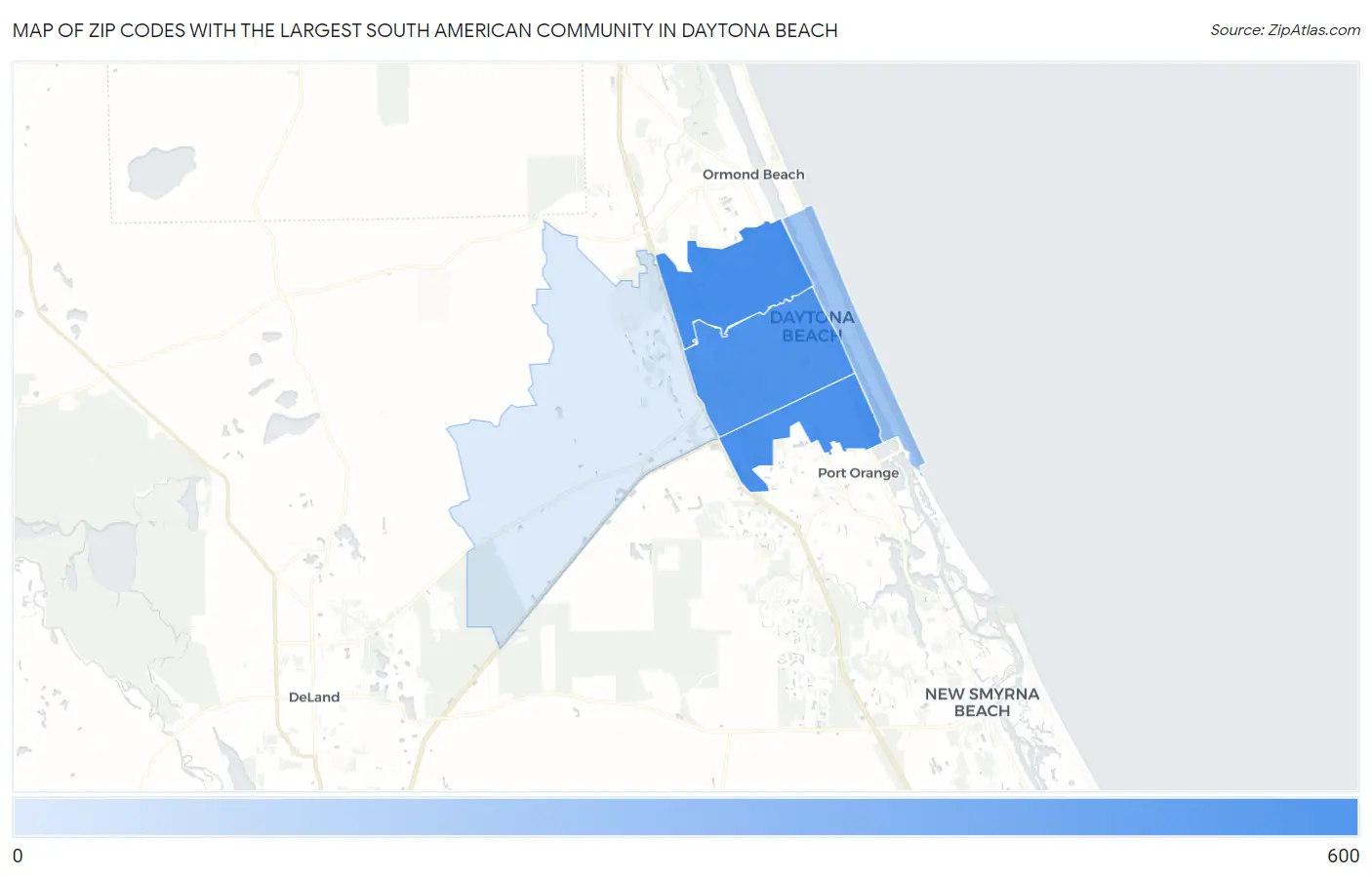 Zip Codes with the Largest South American Community in Daytona Beach Map