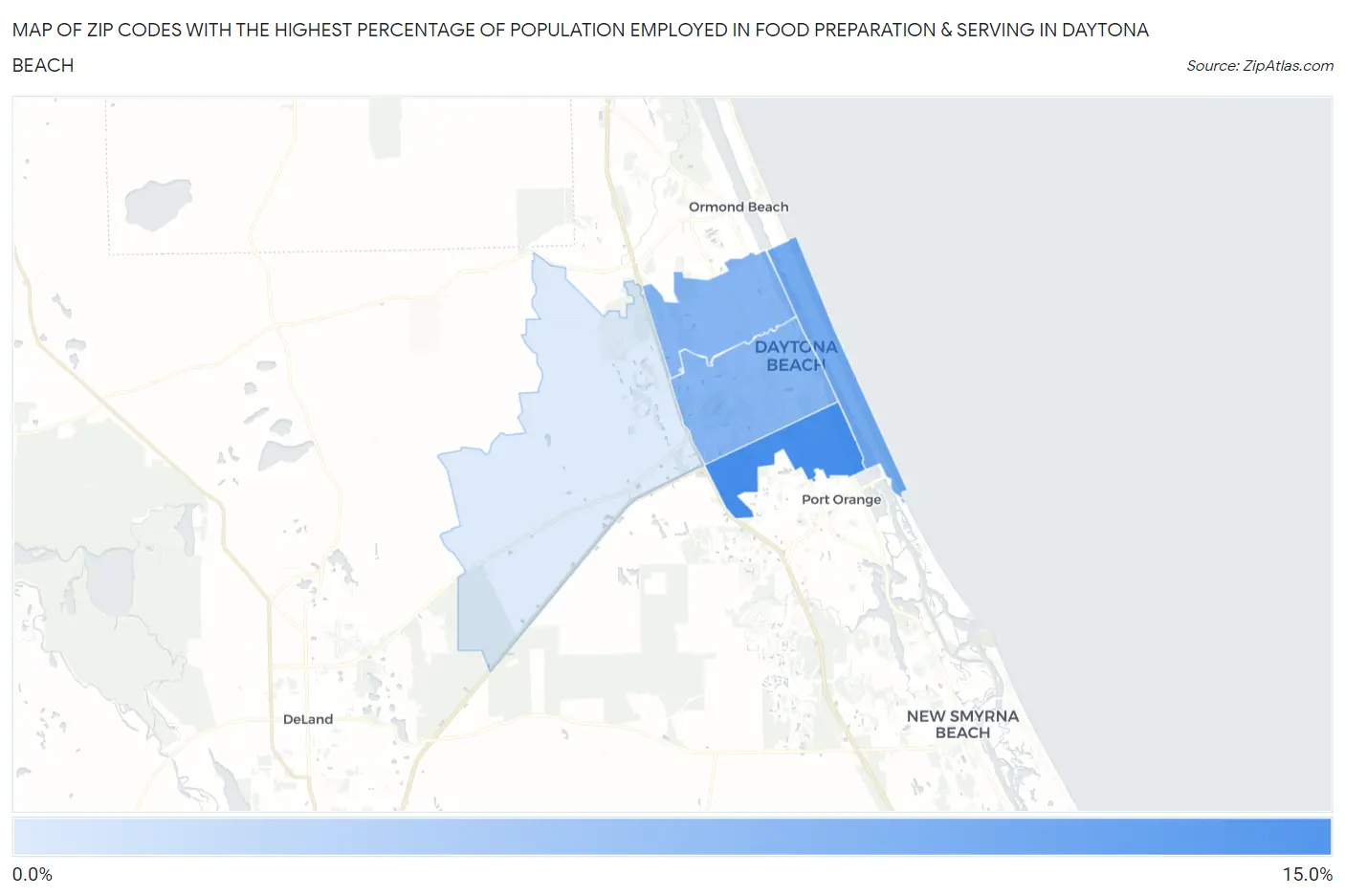 Zip Codes with the Highest Percentage of Population Employed in Food Preparation & Serving in Daytona Beach Map