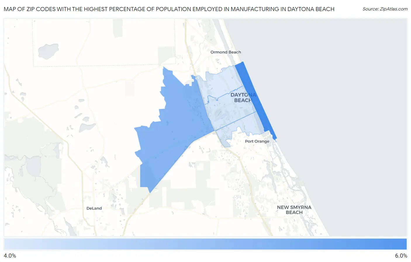 Zip Codes with the Highest Percentage of Population Employed in Manufacturing in Daytona Beach Map