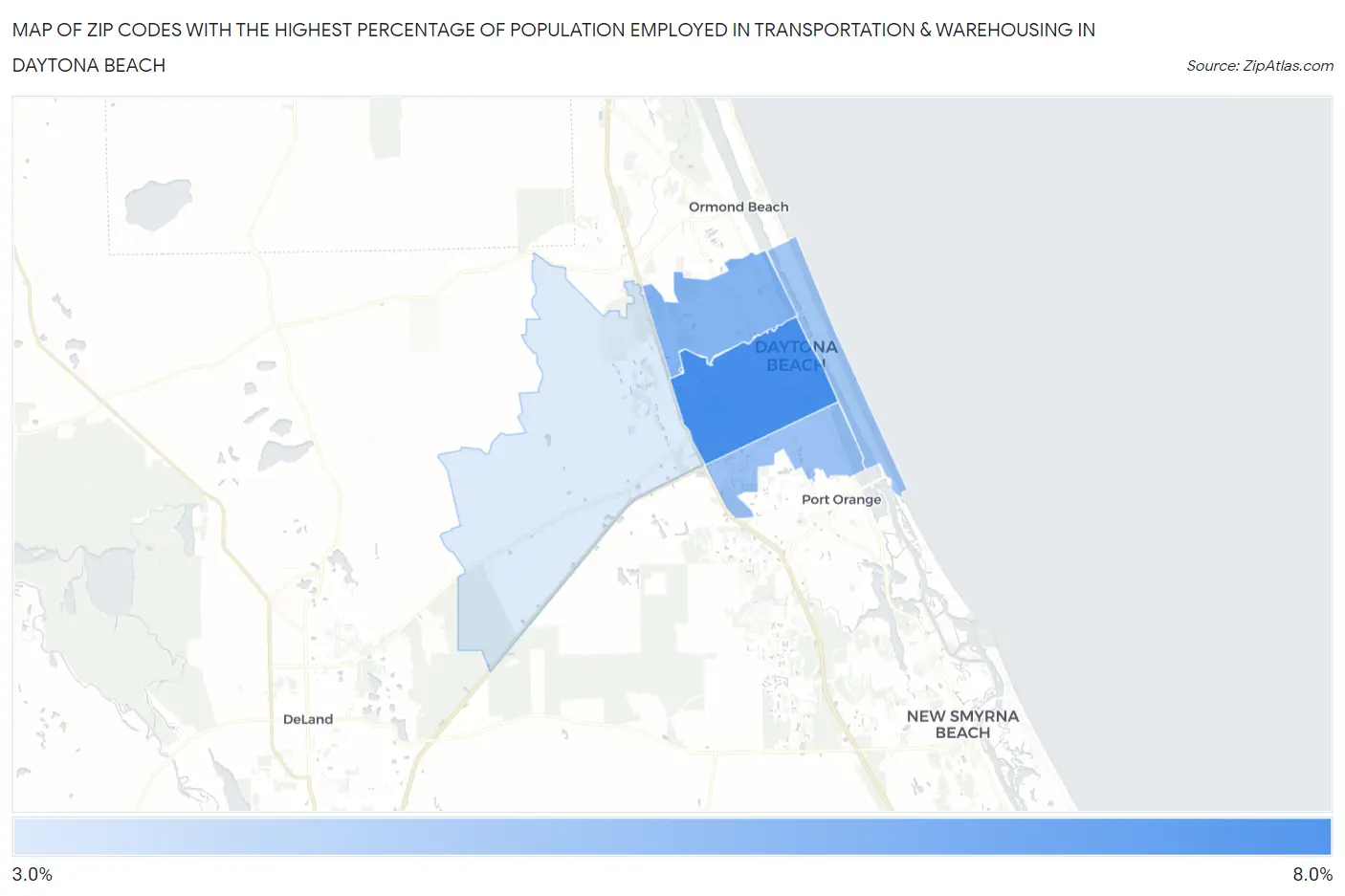 Zip Codes with the Highest Percentage of Population Employed in Transportation & Warehousing in Daytona Beach Map