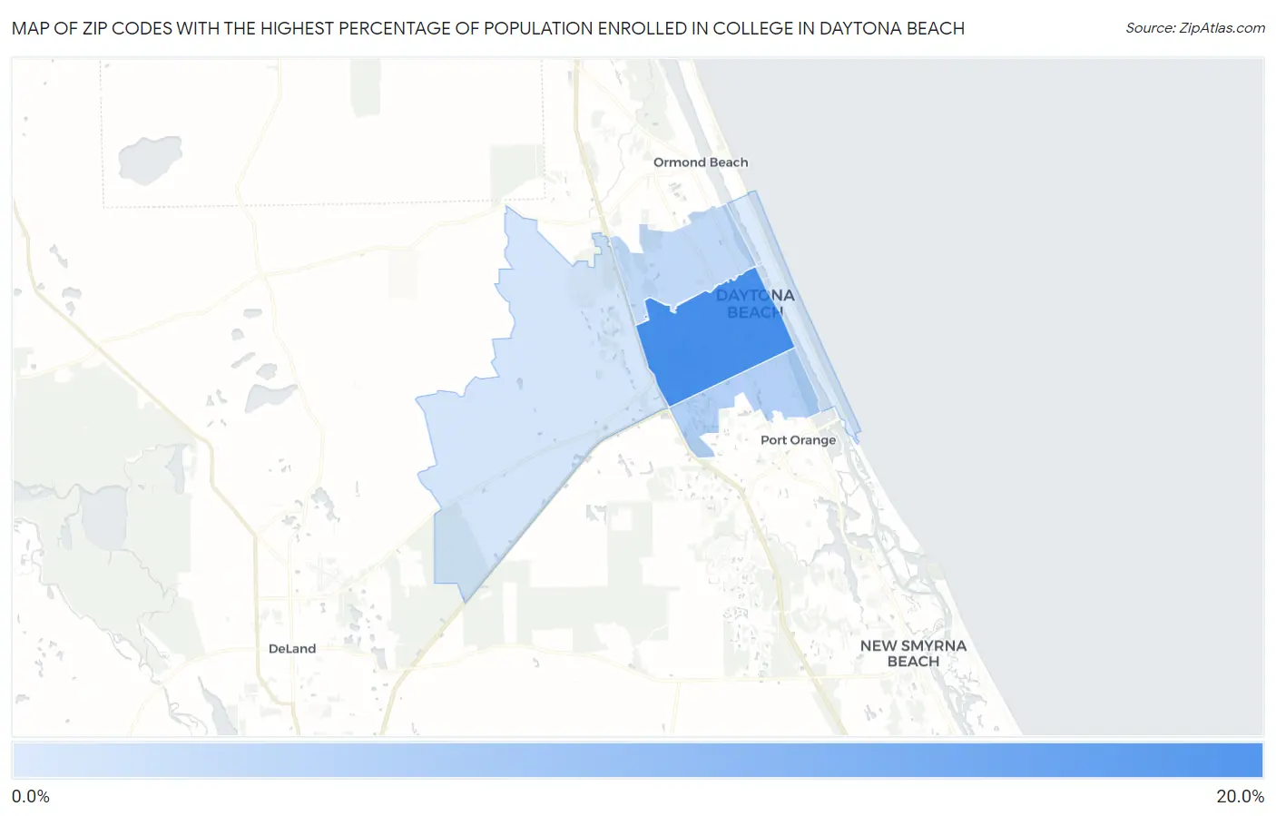 Zip Codes with the Highest Percentage of Population Enrolled in College in Daytona Beach Map