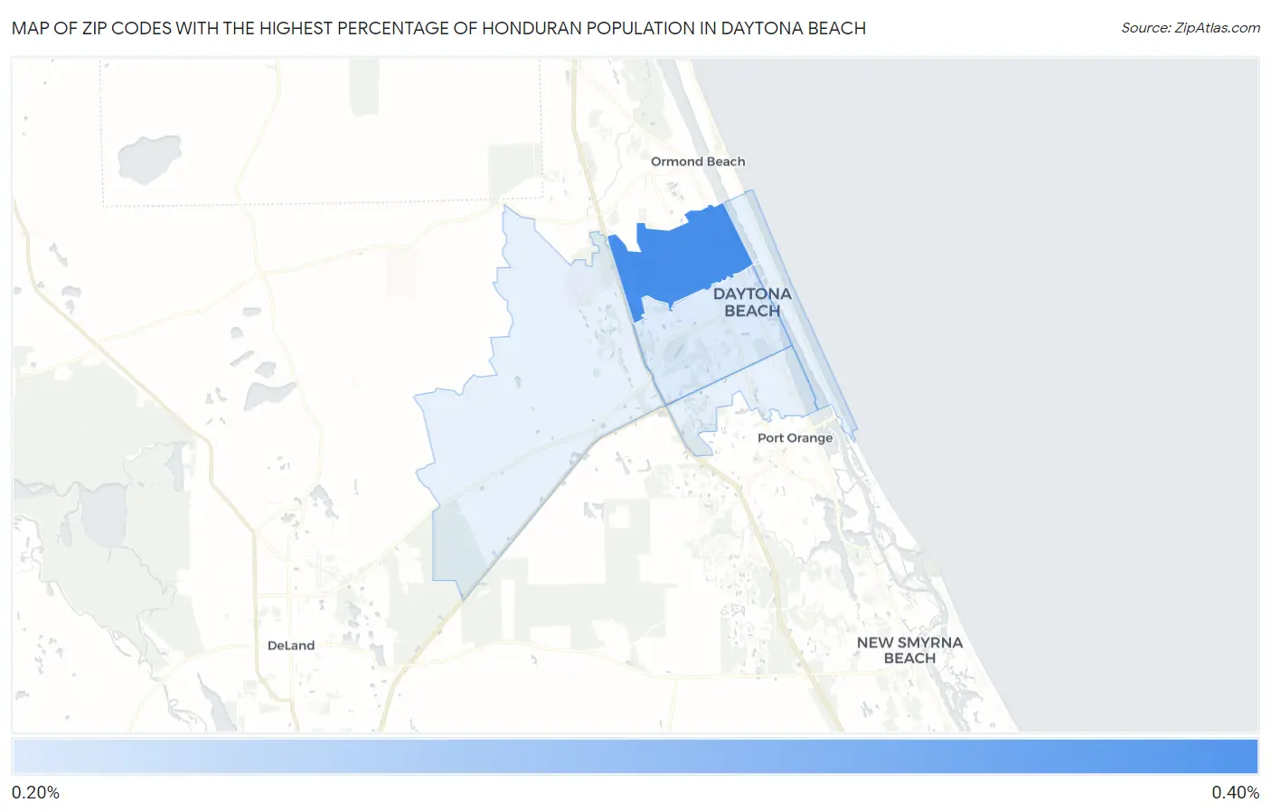 Zip Codes with the Highest Percentage of Honduran Population in Daytona Beach Map