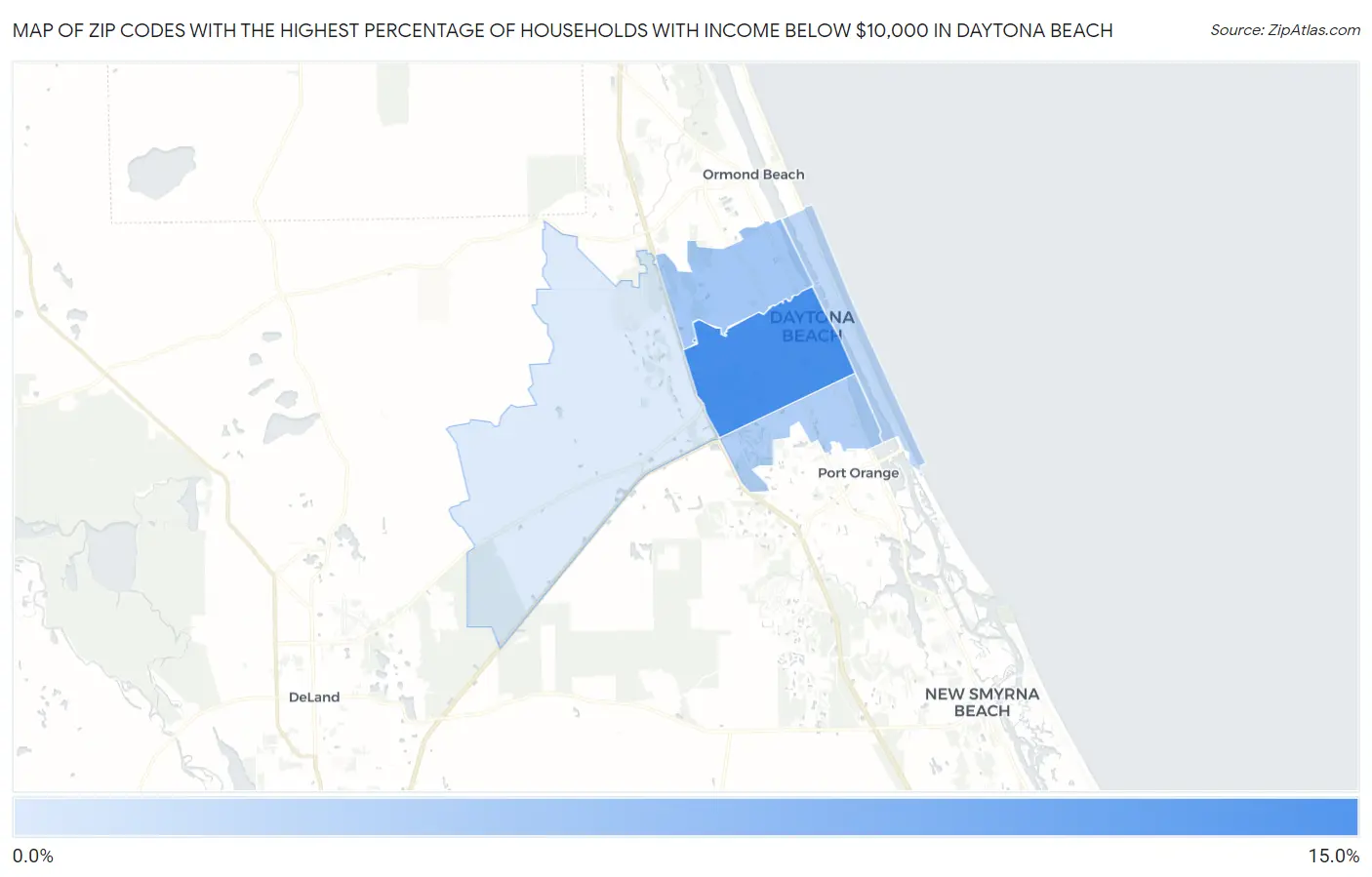Zip Codes with the Highest Percentage of Households with Income Below $10,000 in Daytona Beach Map