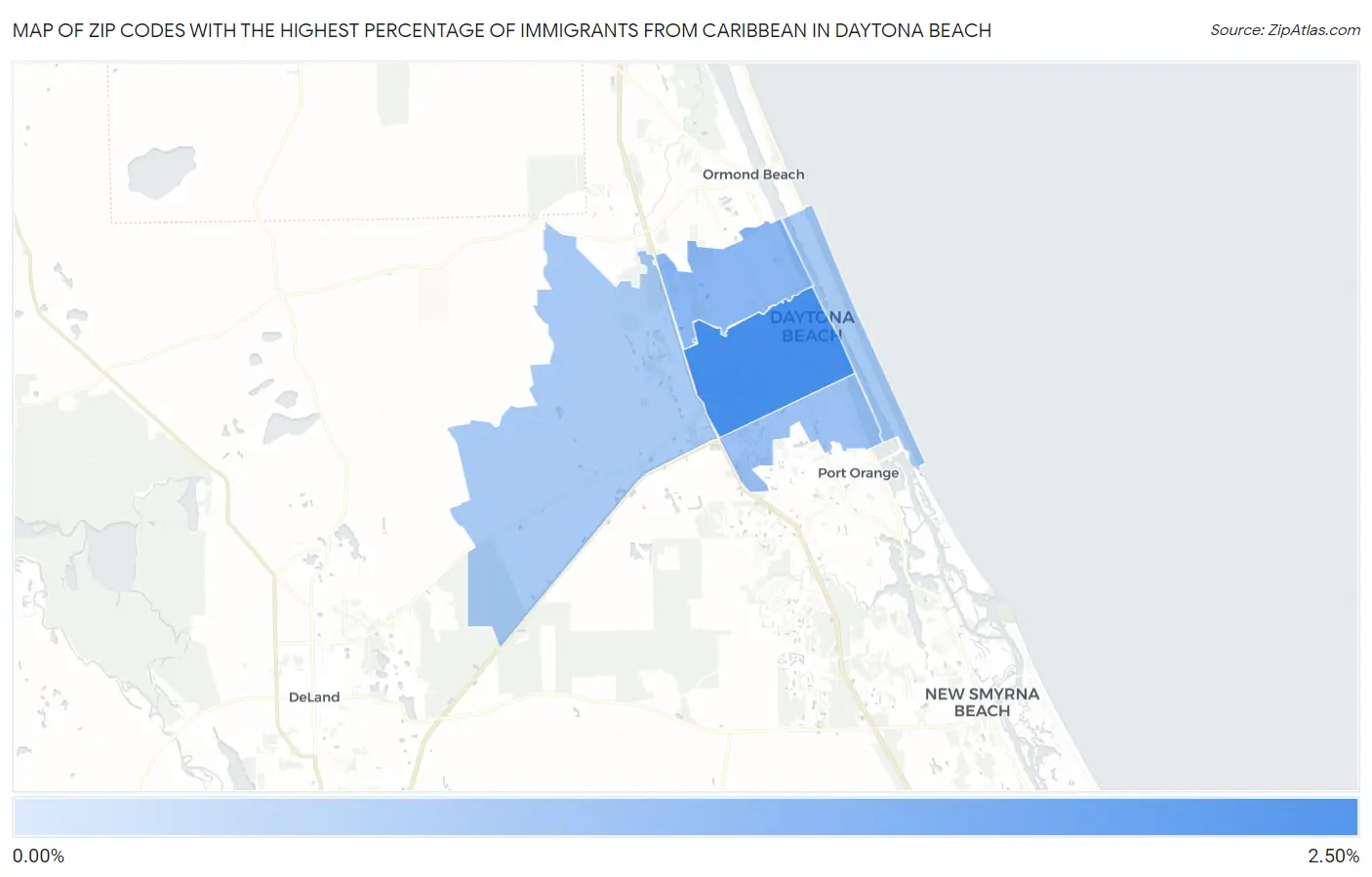Zip Codes with the Highest Percentage of Immigrants from Caribbean in Daytona Beach Map