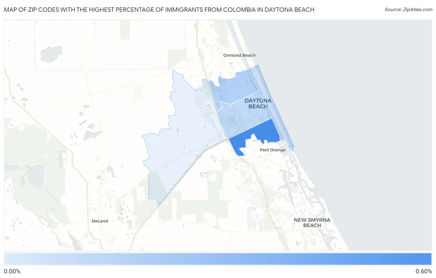 Zip Codes with the Highest Percentage of Immigrants from Colombia in Daytona Beach Map