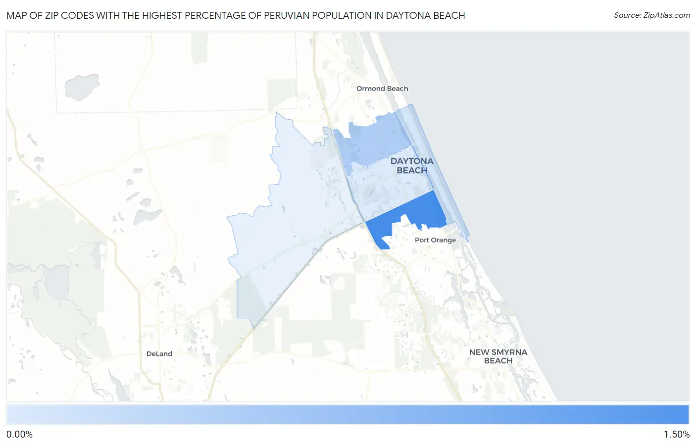 Zip Codes with the Highest Percentage of Peruvian Population in Daytona Beach Map