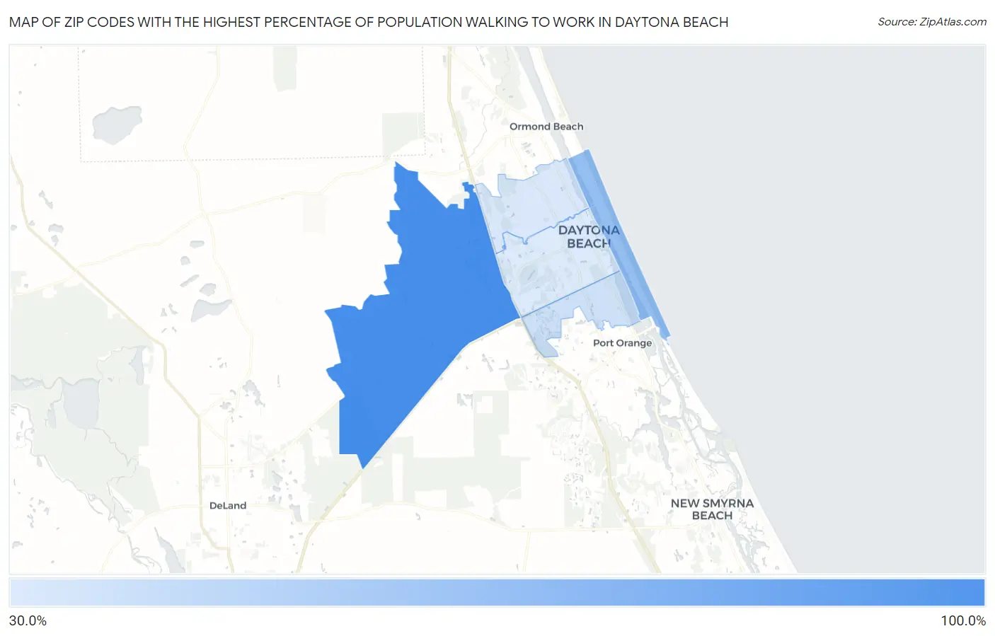 Zip Codes with the Highest Percentage of Population Walking to Work in Daytona Beach Map