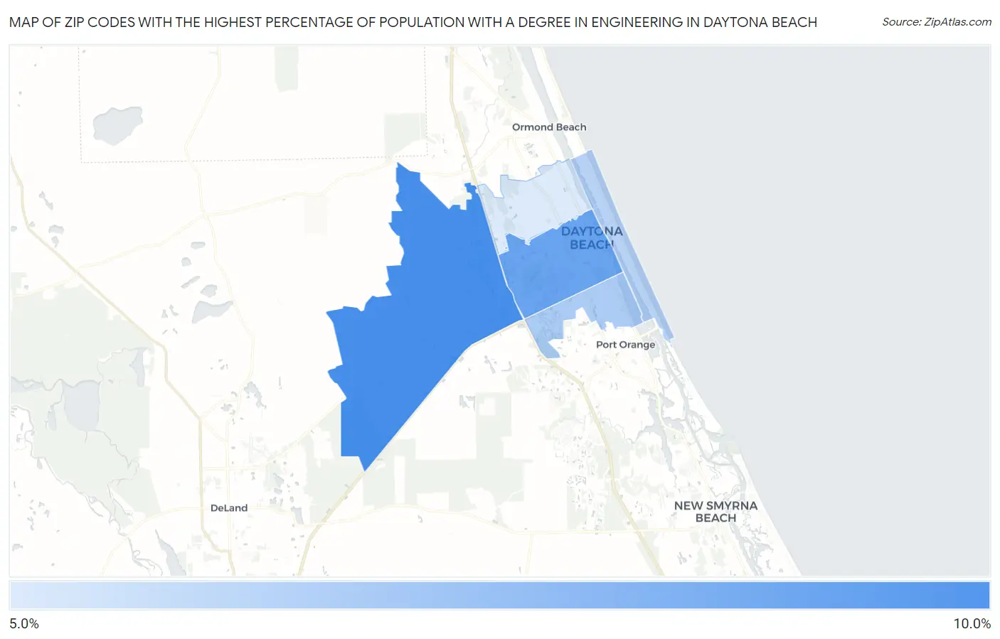 Zip Codes with the Highest Percentage of Population with a Degree in Engineering in Daytona Beach Map