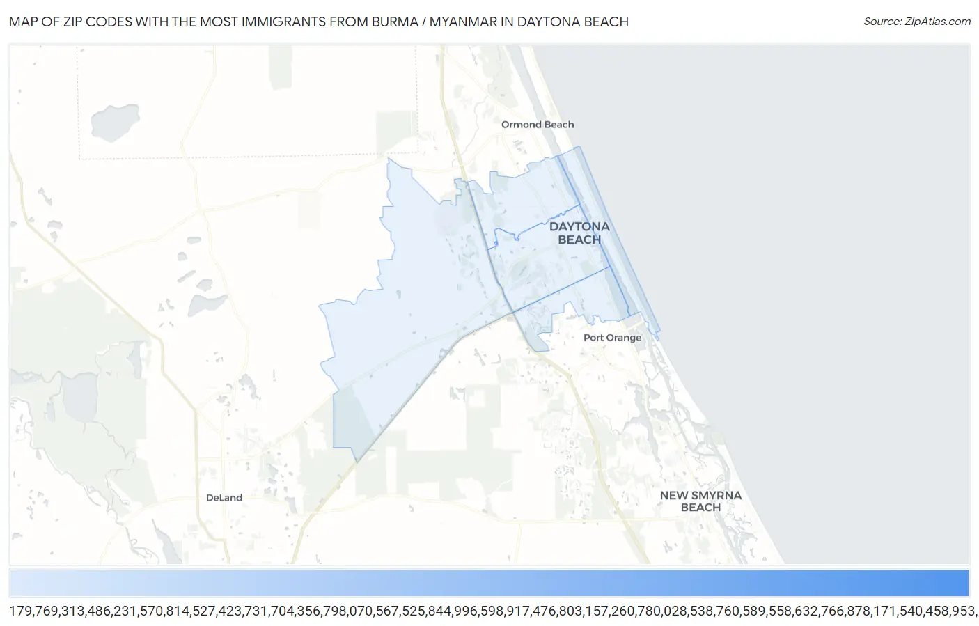 Zip Codes with the Most Immigrants from Burma / Myanmar in Daytona Beach Map