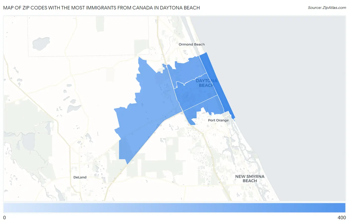 Zip Codes with the Most Immigrants from Canada in Daytona Beach Map