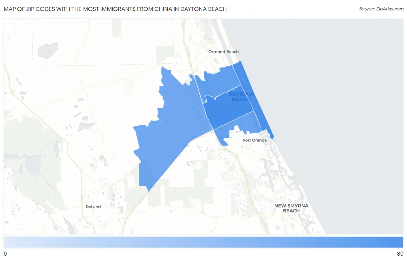 Zip Codes with the Most Immigrants from China in Daytona Beach Map
