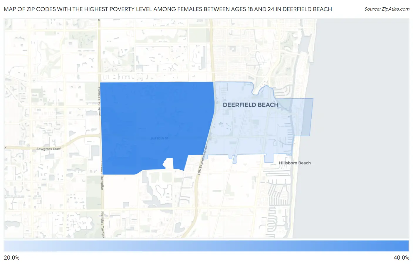 Zip Codes with the Highest Poverty Level Among Females Between Ages 18 and 24 in Deerfield Beach Map