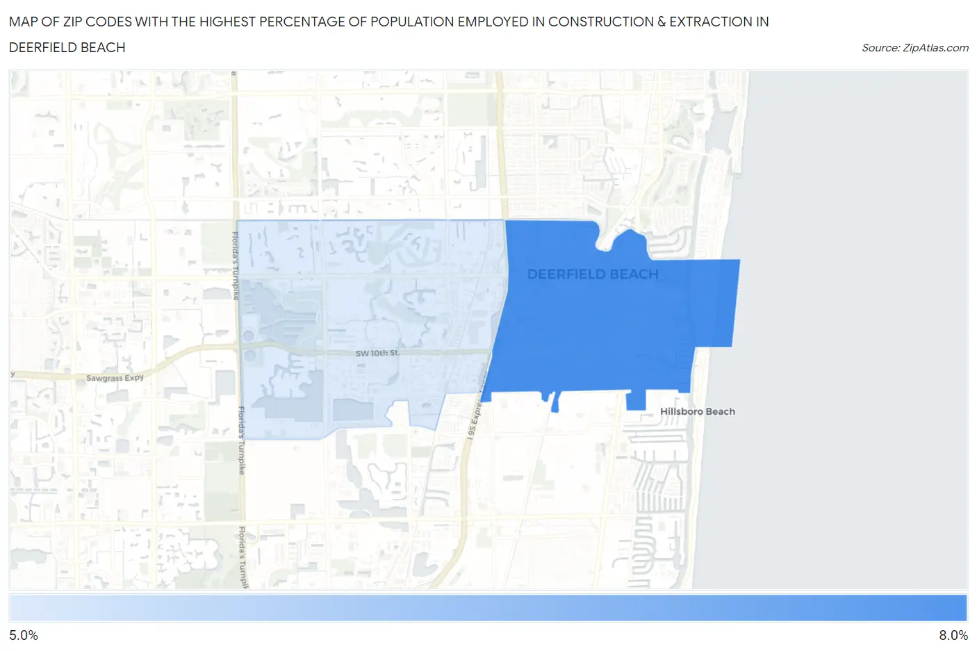 Zip Codes with the Highest Percentage of Population Employed in Construction & Extraction in Deerfield Beach Map