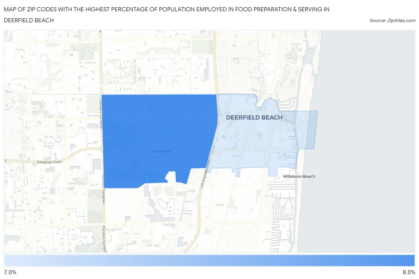 Zip Codes with the Highest Percentage of Population Employed in Food Preparation & Serving in Deerfield Beach Map