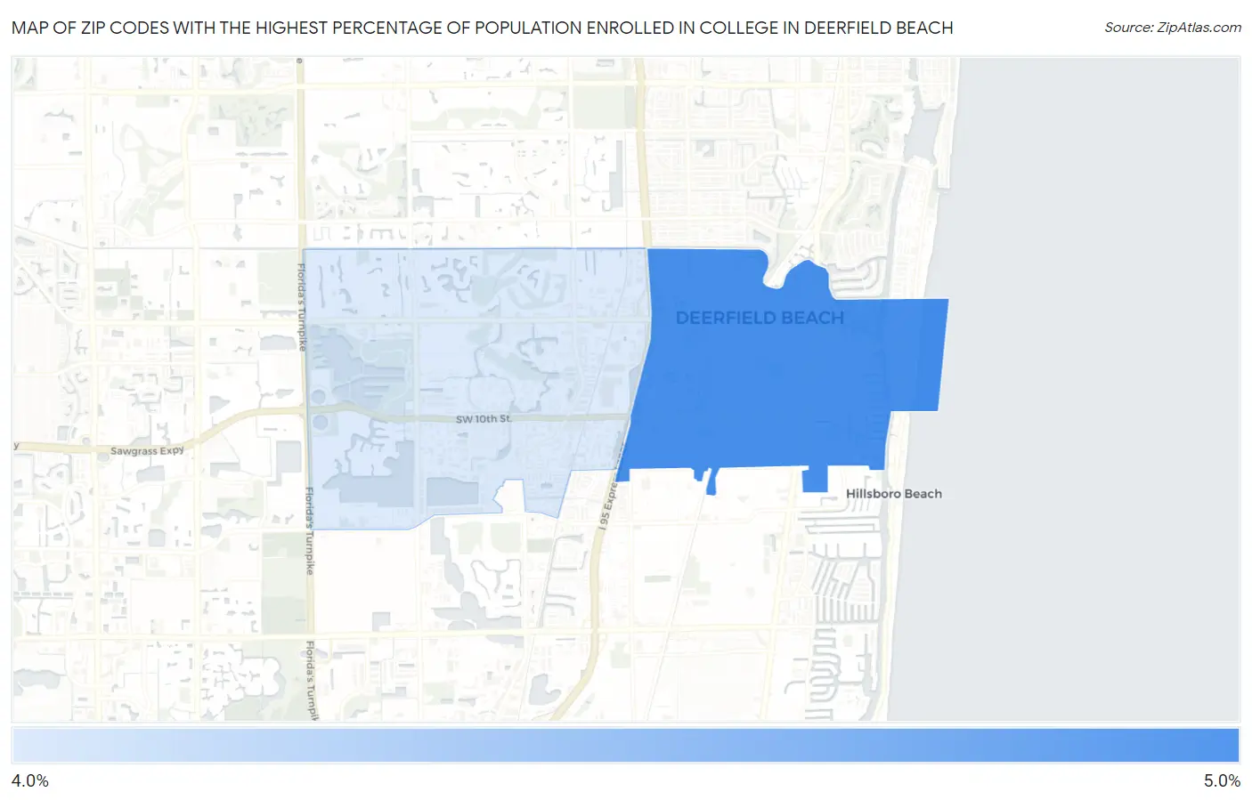 Zip Codes with the Highest Percentage of Population Enrolled in College in Deerfield Beach Map