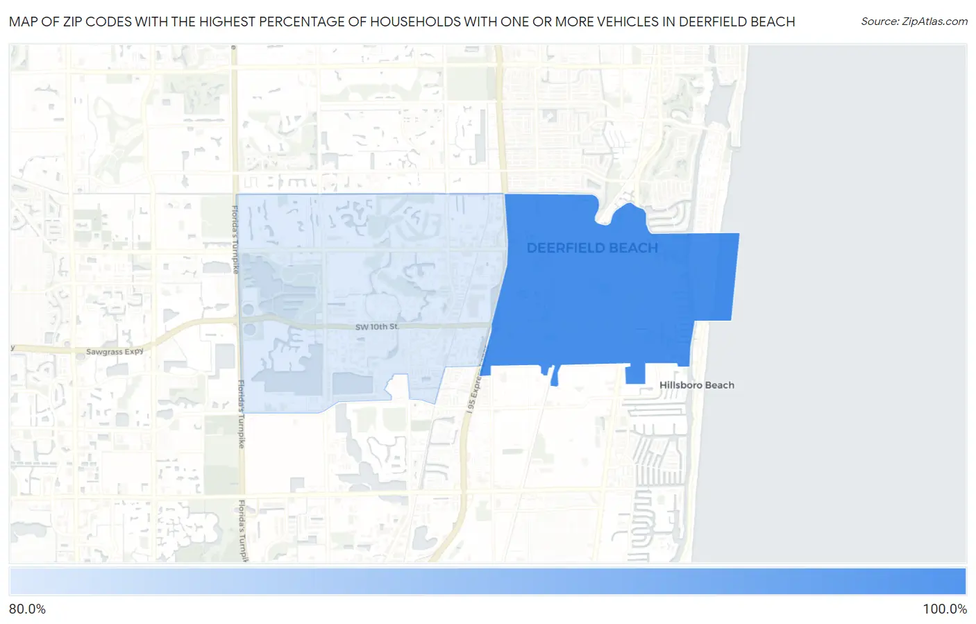 Zip Codes with the Highest Percentage of Households With One or more Vehicles in Deerfield Beach Map