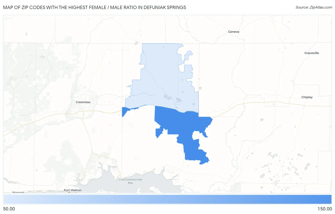 Zip Codes with the Highest Female / Male Ratio in Defuniak Springs Map
