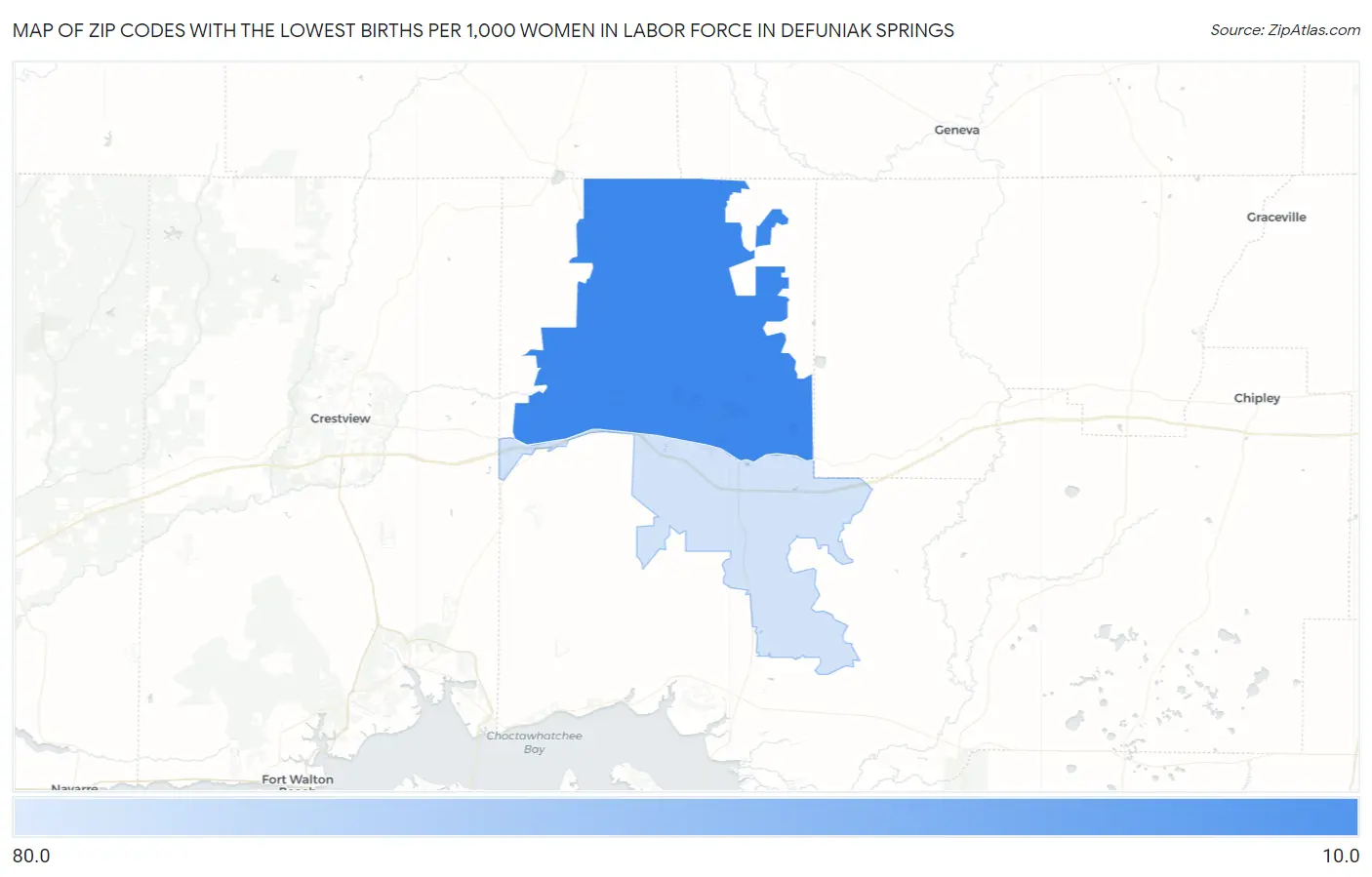 Zip Codes with the Lowest Births per 1,000 Women in Labor Force in Defuniak Springs Map