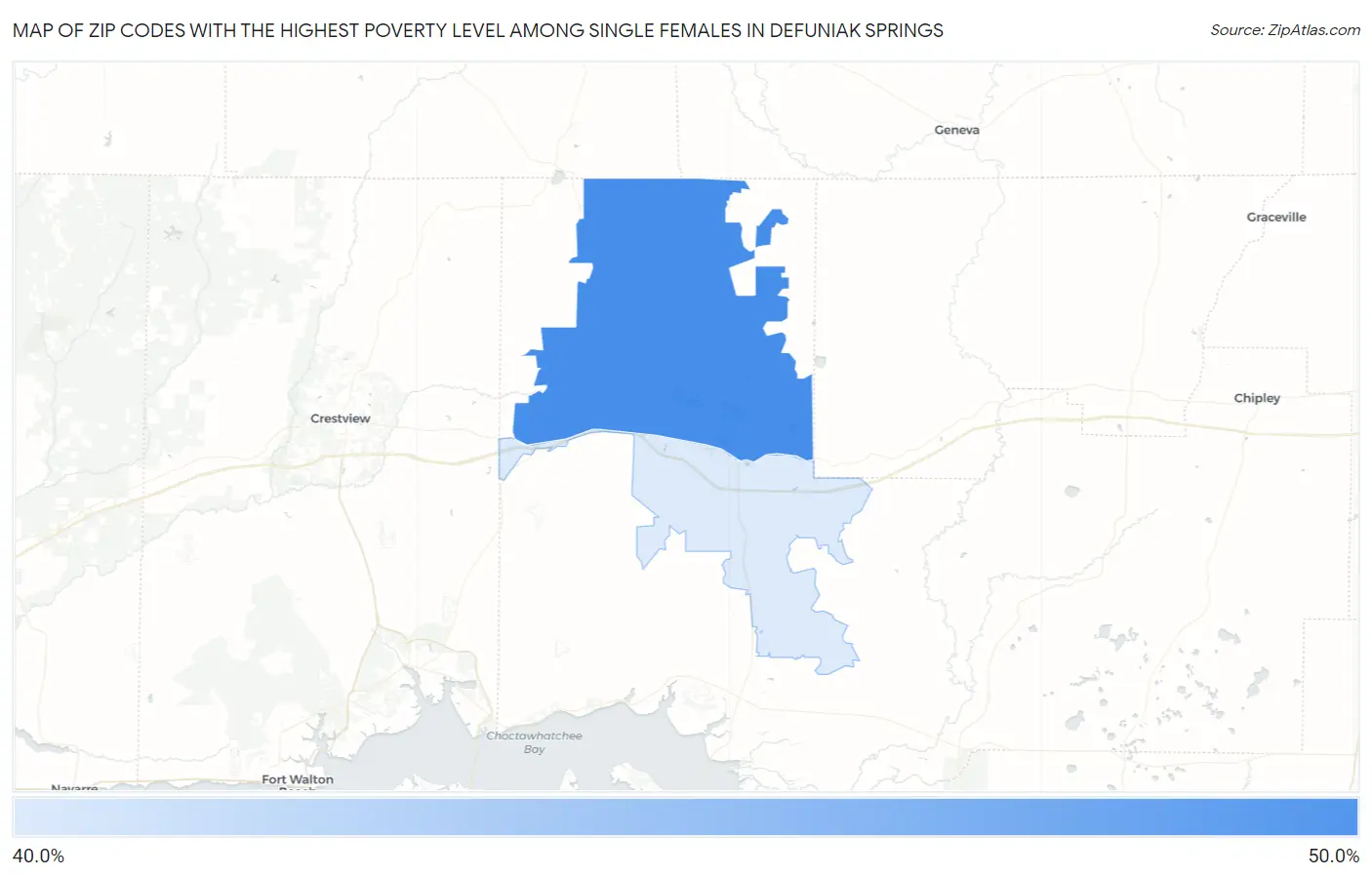 Zip Codes with the Highest Poverty Level Among Single Females in Defuniak Springs Map