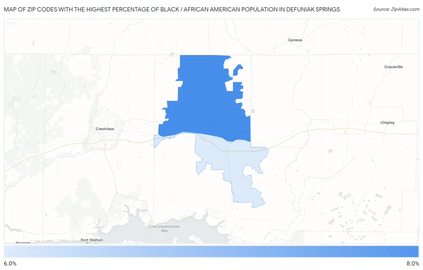 Zip Codes with the Highest Percentage of Black / African American Population in Defuniak Springs Map