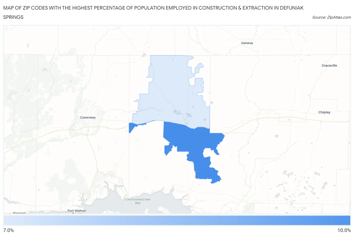 Zip Codes with the Highest Percentage of Population Employed in Construction & Extraction in Defuniak Springs Map