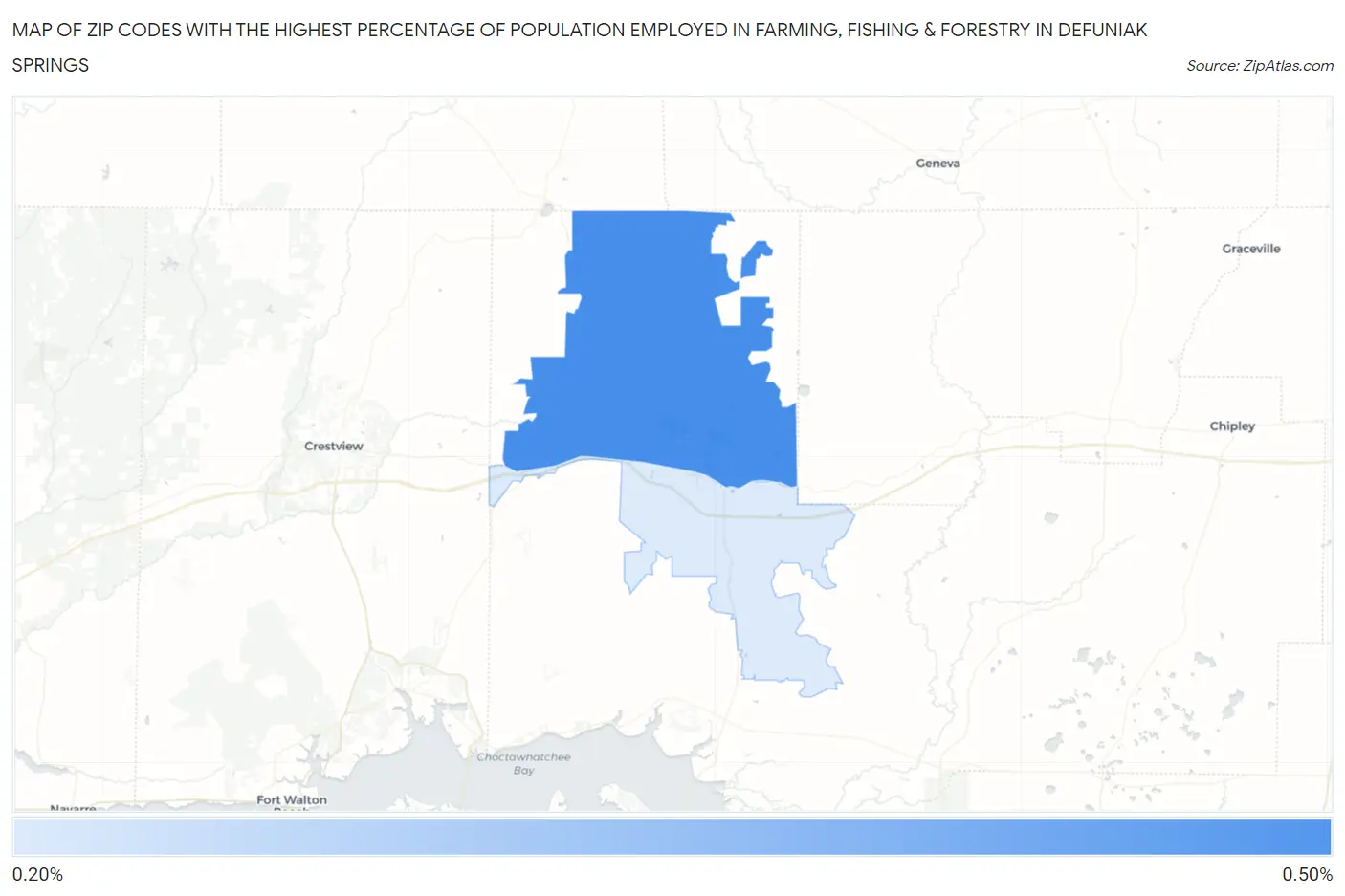 Zip Codes with the Highest Percentage of Population Employed in Farming, Fishing & Forestry in Defuniak Springs Map