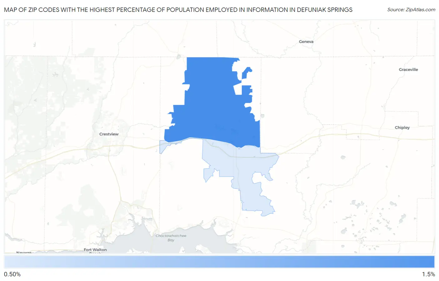 Zip Codes with the Highest Percentage of Population Employed in Information in Defuniak Springs Map