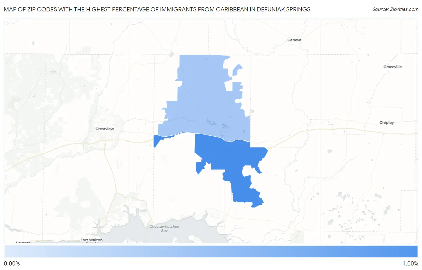 Zip Codes with the Highest Percentage of Immigrants from Caribbean in Defuniak Springs Map